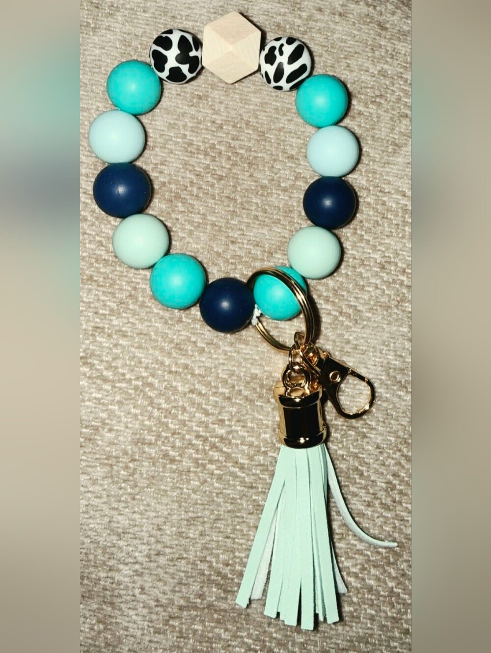 Beaded Wrist Keychain with Mint Tassel and Navy Beads